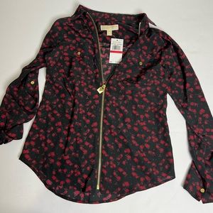 NEW Michael Kors Women's black red sleeve shirt with roses print XS